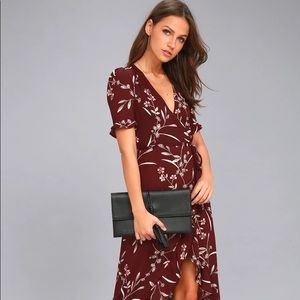Burgundy Floral Print High-Low Wrap Dress